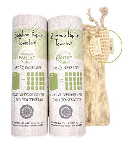 Bamboo Rayon Paper Towels | Washable Reusable Paper Towels, 2 Rolls,(40 Sheets)1 Year Supply & Loofah Sponge & Dish Scrub Brush | Eco Friendly Paper