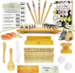 Grow Your Pantry Bamboo Sushi Making Kit - Cooking Gifts Complete Set with Maki Maker, Sushi Rolling Mat, Onigiri Mold, Bamboo Sushi Plate, Nigiri Ball Press, and More - Sushi Making Kit for Beginners