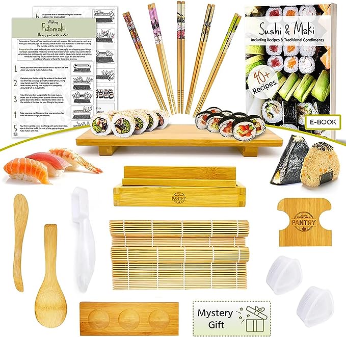 Grow Your Pantry Bamboo Sushi Making Kit - Cooking Gifts Complete Set with Maki Maker, Sushi Rolling Mat, Onigiri Mold, Bamboo Sushi Plate, Nigiri Ball Press, and More - Sushi Making Kit for Beginners