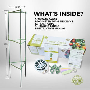 Grow Your Pantry Tomato Cage - Set of 3 Heavy Duty Tomato Cages That Can Hold Up to 10KG of Tomatoes and Other Vegetables - with Bonus Plant Clips and 100M Twist Tie Device - Tomato Cages for Garden
