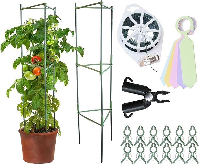 Grow Your Pantry Tomato Cage - Set of 3 Heavy Duty Tomato Cages That Can Hold Up to 10KG of Tomatoes and Other Vegetables - with Bonus Plant Clips and 100M Twist Tie Device - Tomato Cages for Garden