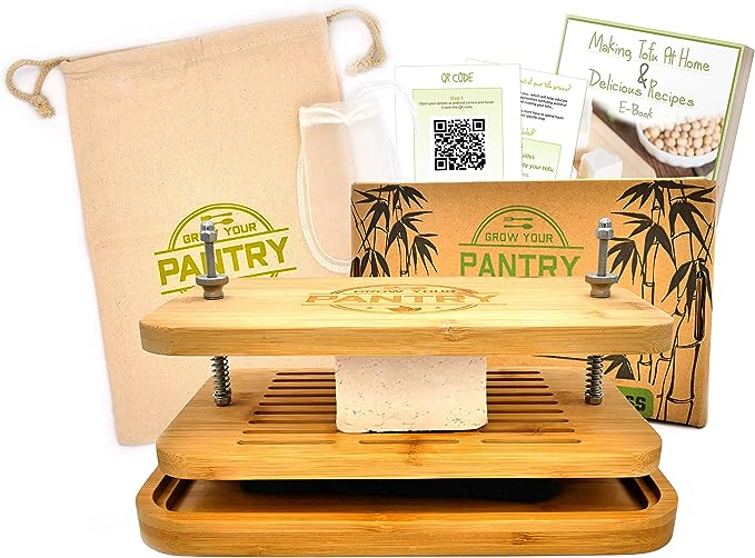 Grow Your Pantry Bamboo Tofu Press - Easy & Practical Tofu Maker for Homemade Organic Tofu - Bamboo Wooden Design with a Stainless Steel Screw System - Includes Free Tofu Making Guide and Recipe eBook
