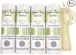 Grow Your Pantry Bamboo Paper Towels - 4 Pack Paper Towels Viscose Made From Bamboo - Eco Friendly Paper Towels, Machine Washable & Reusable Up To 50 Uses - Comes with Two Cotton Storage Bags