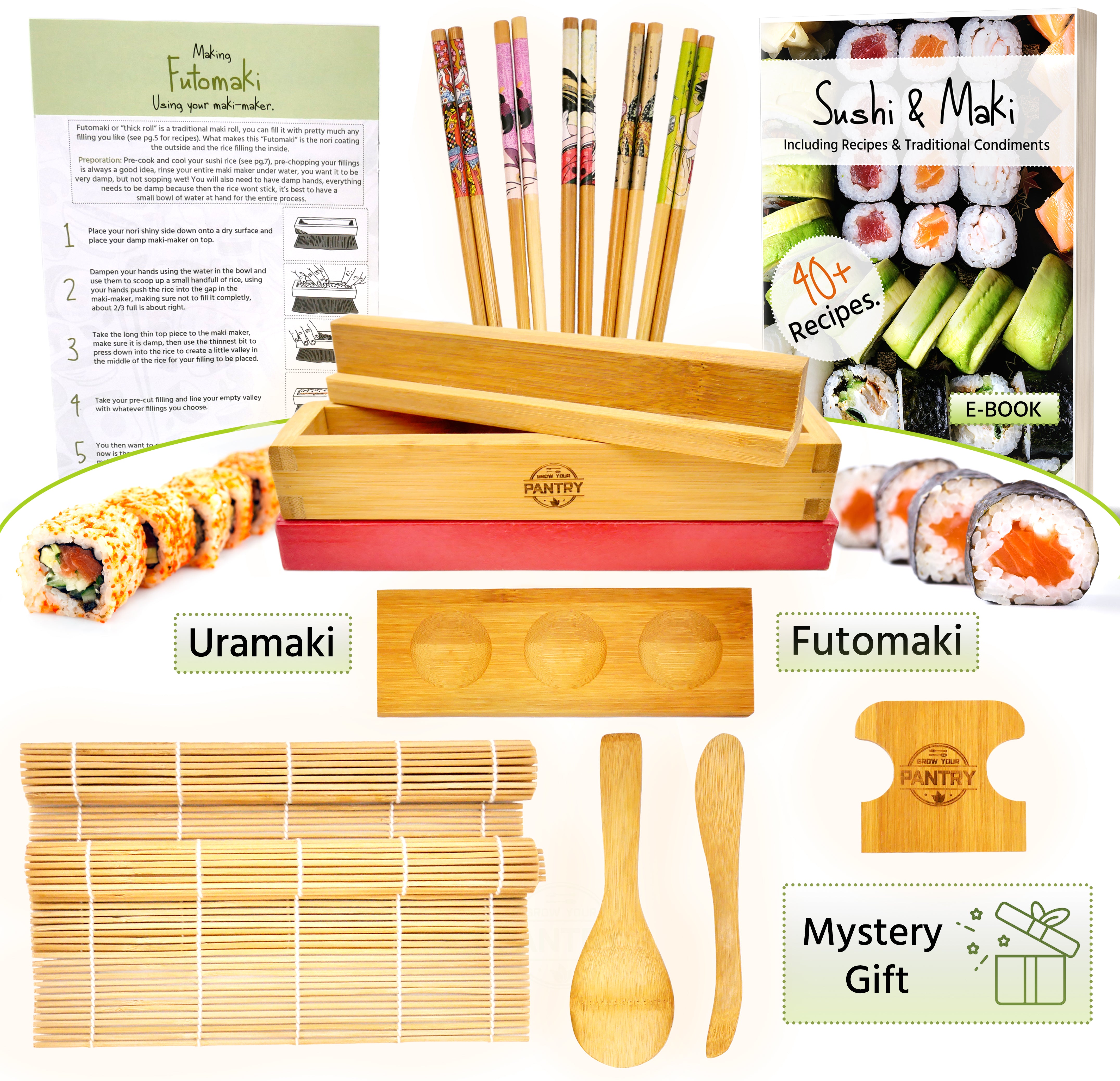 Sushi and Maki Making Kit - DIY Sushi Maker Kit including Bamboo Maki Mold  and Rice Spreader - Quick Sushi Roller with Easy Recipe e-Book and Mobile